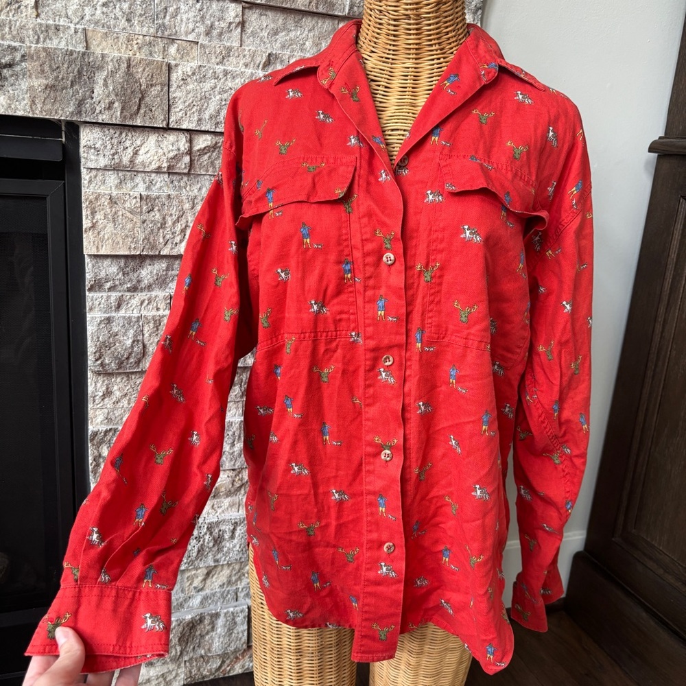 Women’s Vintage Cotton Flannel Shirt Red, outdoor, Hunting Deer Dog S